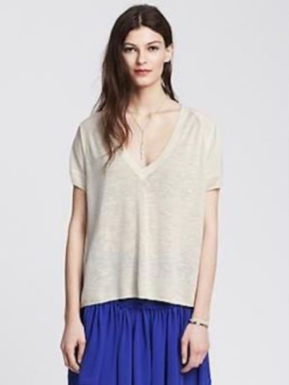Banana Republic Linen Blend Deep V-Neck Cream White Blouse Size Small